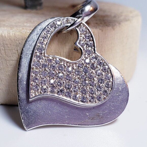 Vintage Sterling Silver Double Cut Out CZ Heart Pendant - Picture 1 of 7